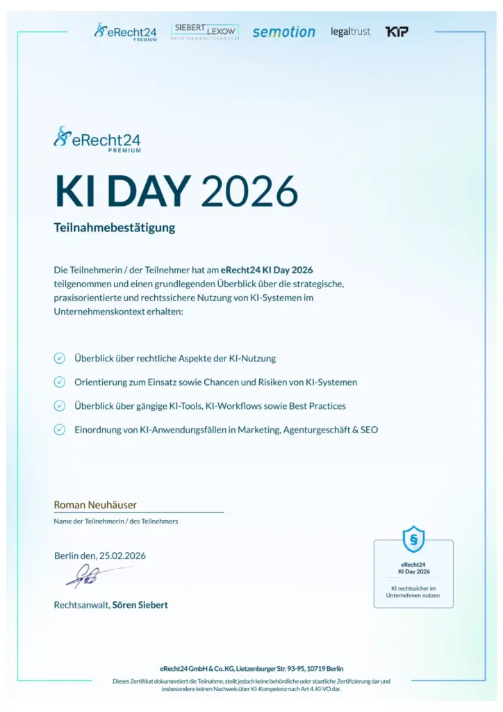 Teilnahmebestätigung von eRecht24 zu "Strategische, praxisorientierte und rechtssichere Nutzung von KI-Systemen im Unternehmenskontext"