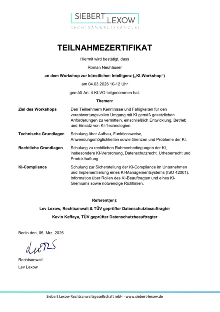 Teilnahmezertifikat von eRecht24 zu Art. 4 KI-VO